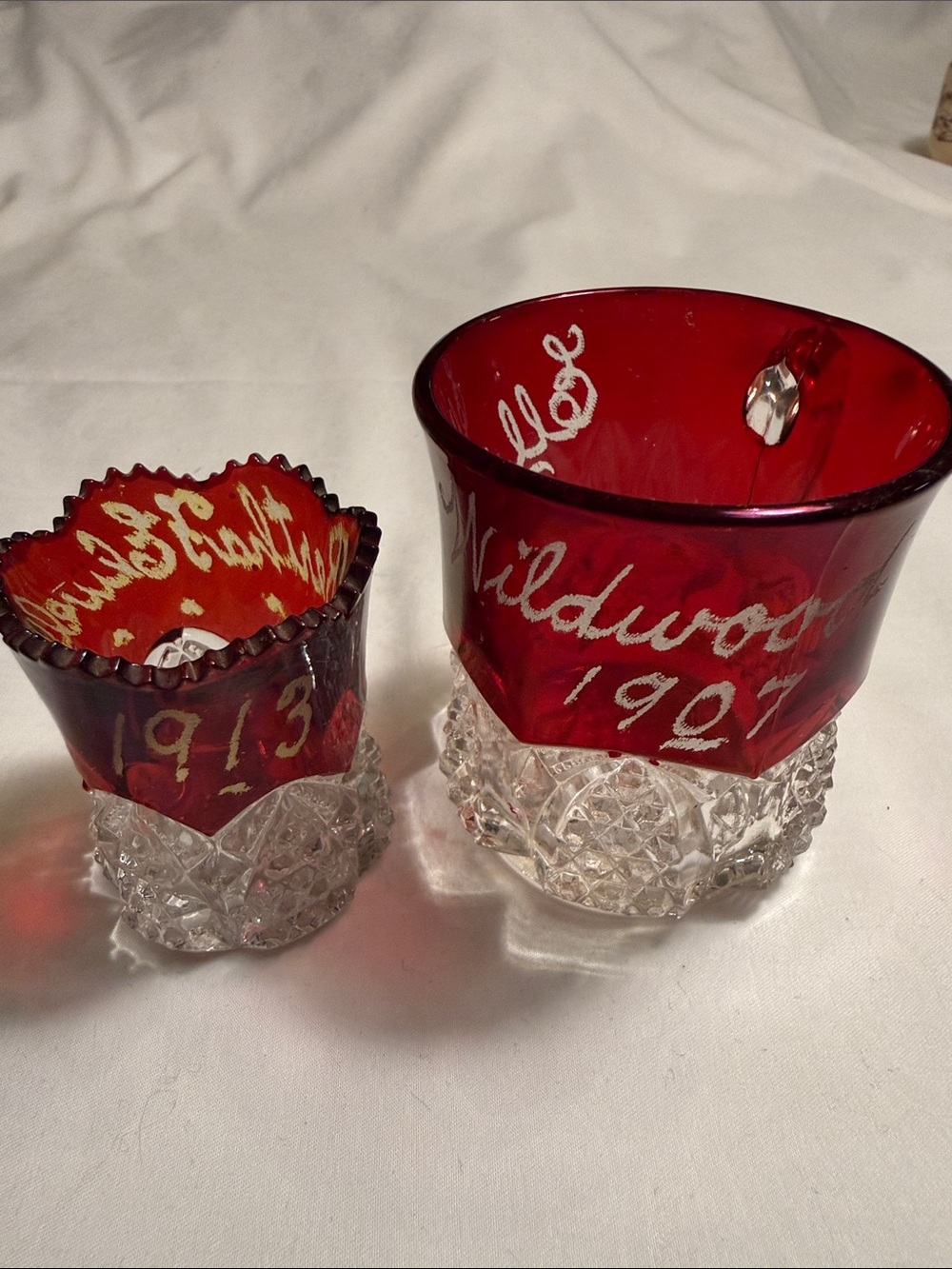 Antique RARE 1907/1913 Ruby Red Glass Accent mini mug & shot gls over 100 years